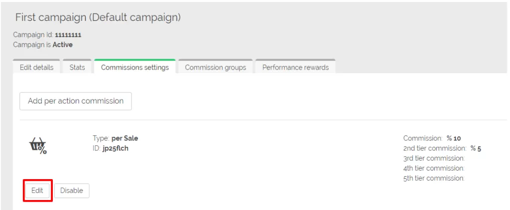 Captura de tela mostrando a interface de configuração de comissão no Post Affiliate Pro.