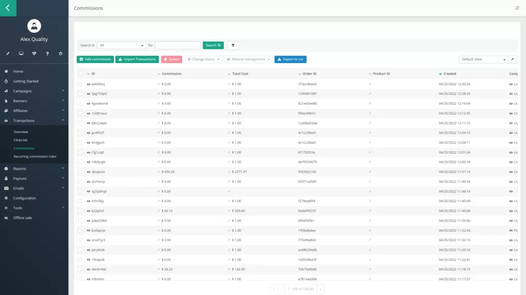 Gráfico mostrando visão geral de comissões no Post Affiliate Pro.
