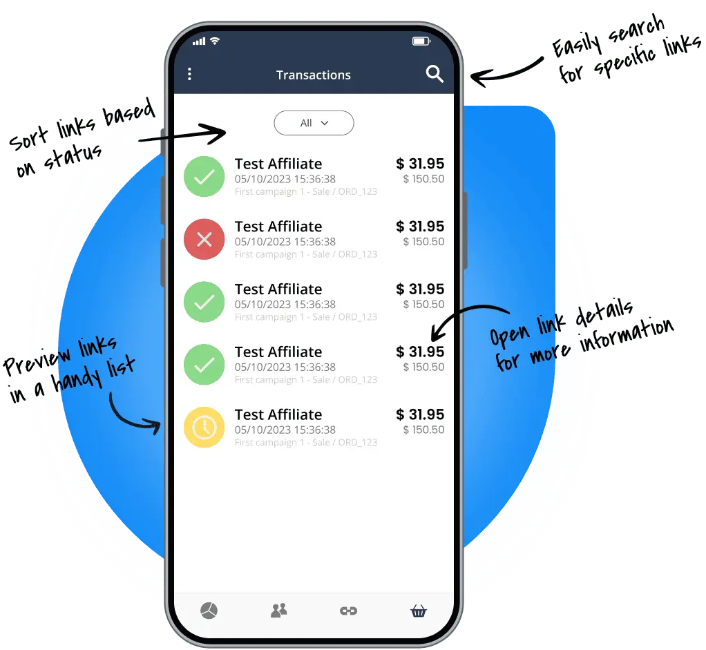 Um gráfico ilustrando transações no app móvel de afiliados.