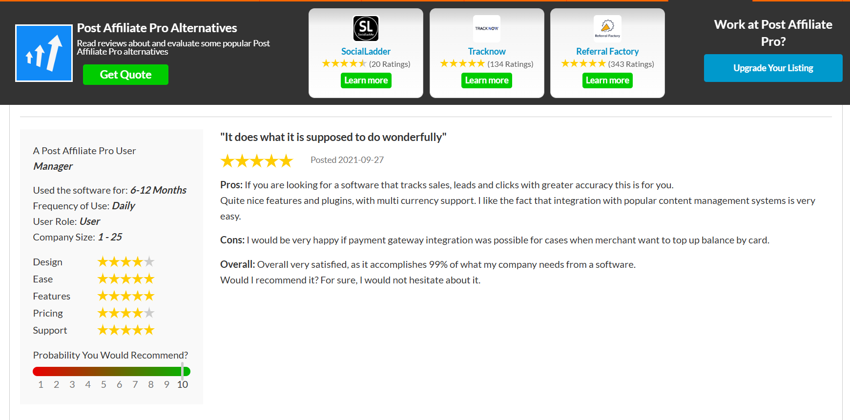 Post Affiliate Pro reconhecido como Líder de Categoria pelo SourceForge