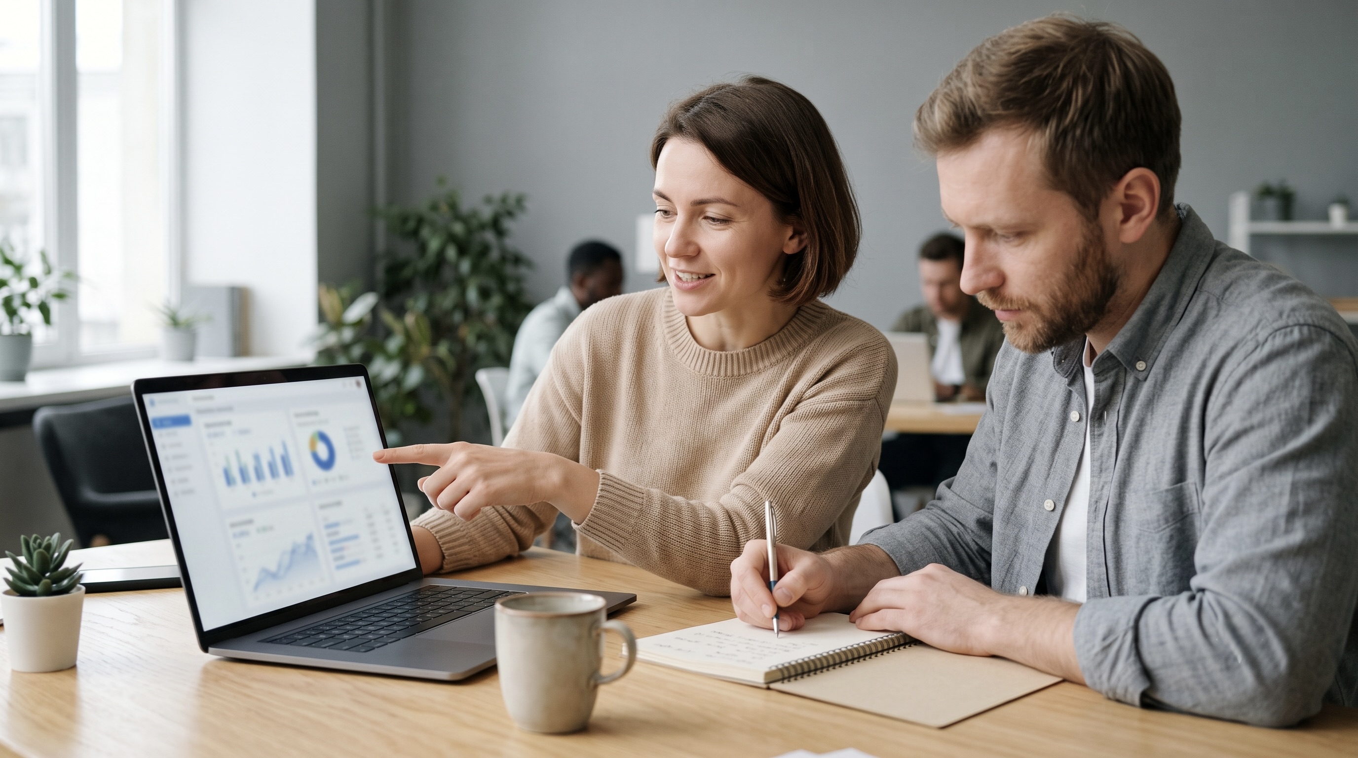 Dois membros da equipe de marketing comparando opções de software de rastreamento de afiliados em um painel de laptop