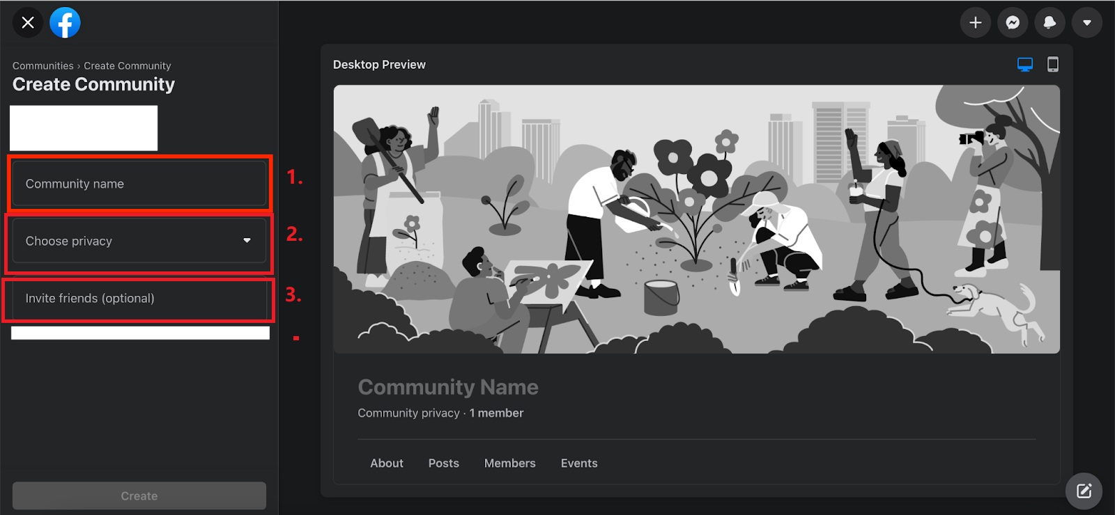 Passos para criar um novo grupo do Facebook