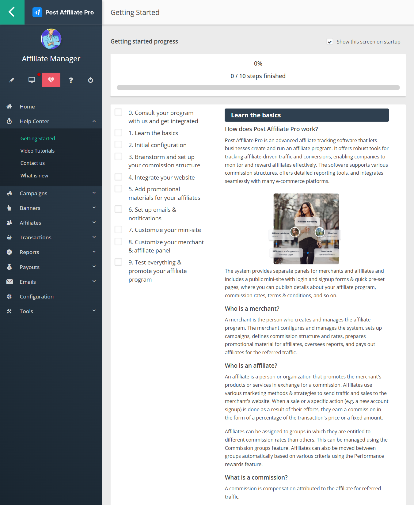 A nova seção Centro de Ajuda do Post Affiliate Pro no painel do comerciante, mostrando a seção de primeiros passos, tutoriais em vídeo e o que há de novo no Post Affiliate Pro.