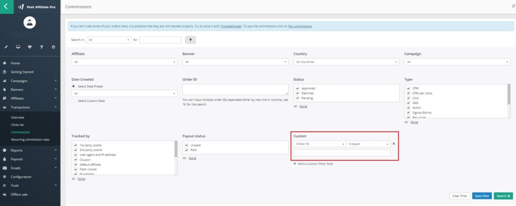 Post Affiliate Pro - filtro de ID do visitante