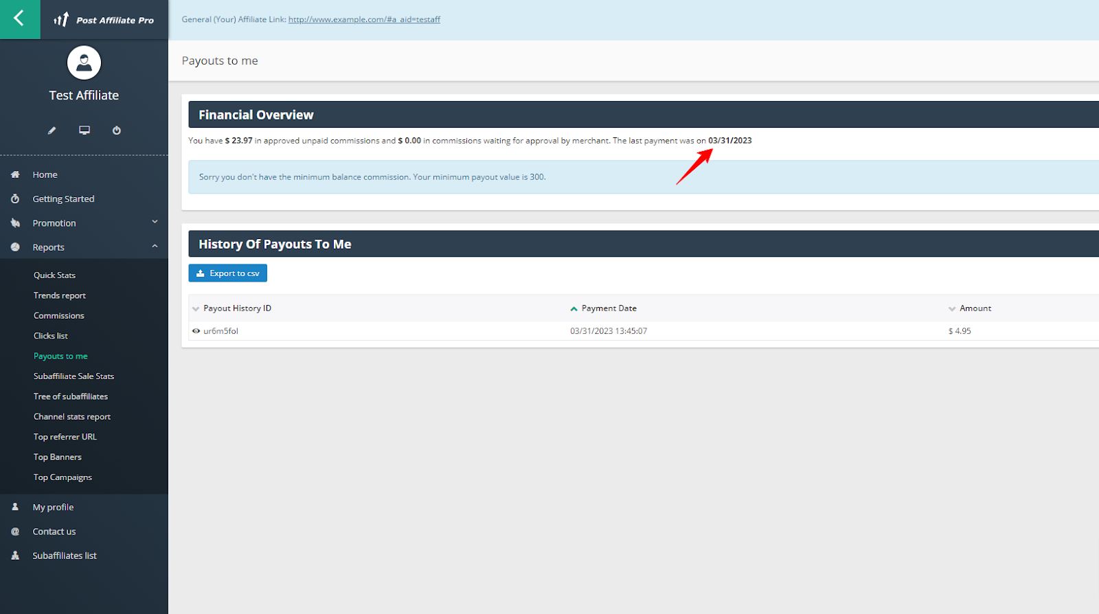 Painel do afiliado exibindo visão financeira, histórico de pagamentos e menu de navegação