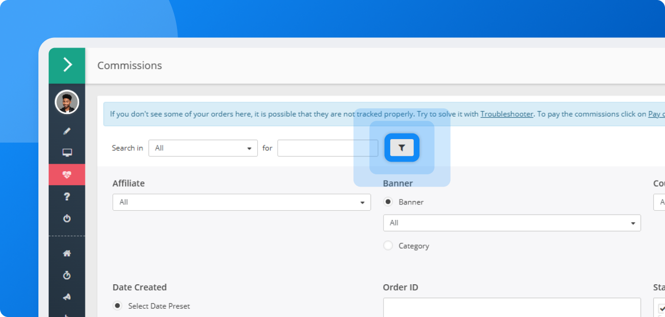 Screenshot of filter section with advanced search options