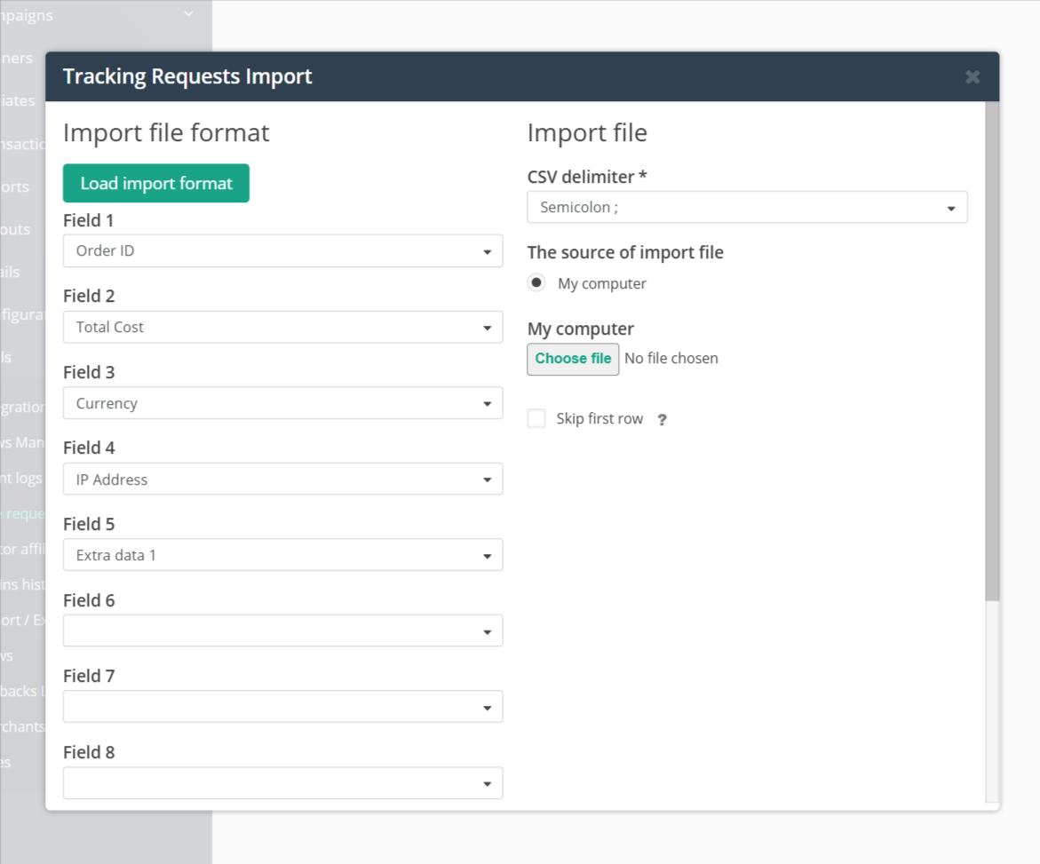 Importação de solicitações de rastreamento onde é possível reformatar arquivos antes de carregá-los.