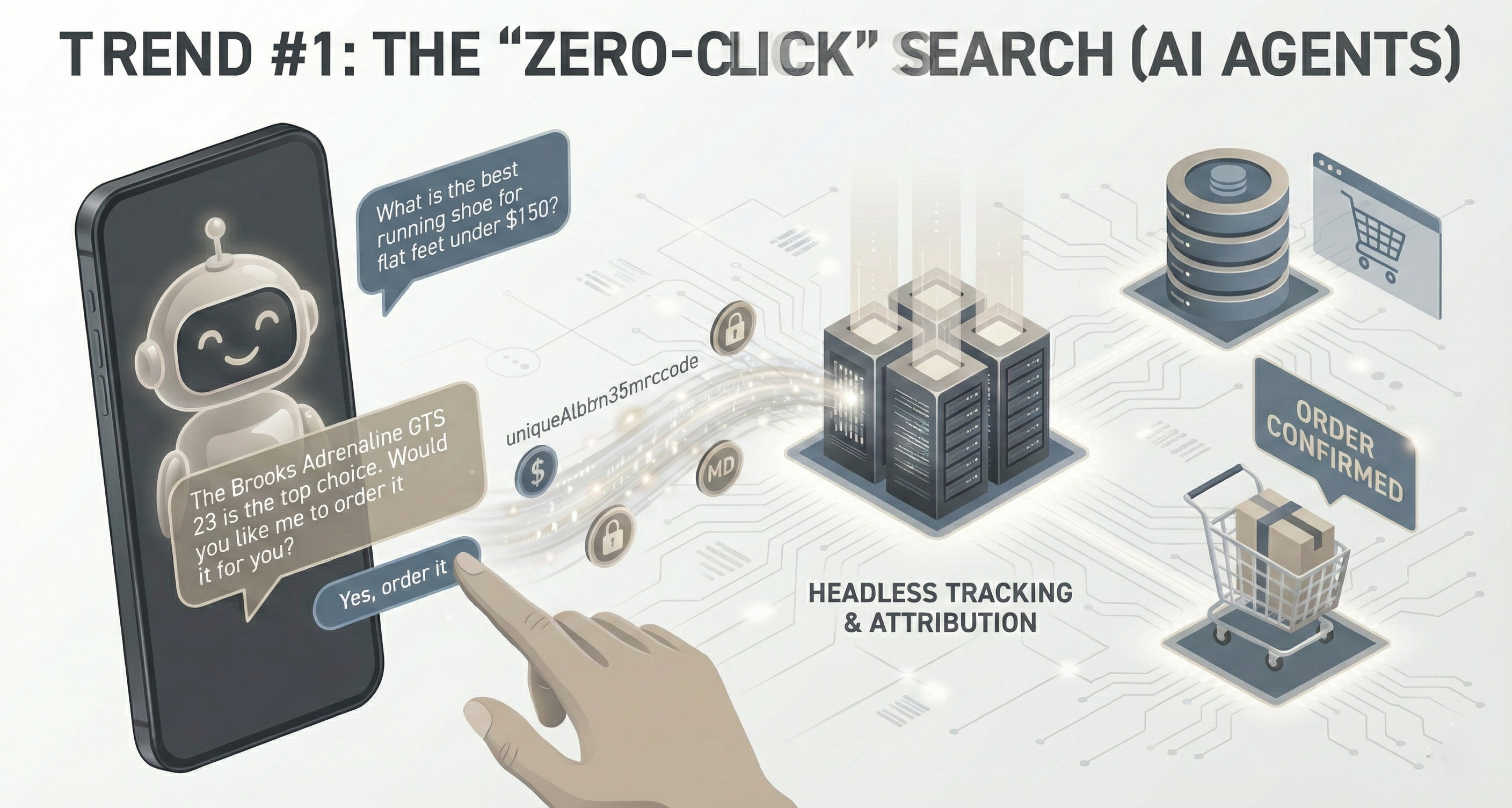 Interface de chatbot de IA mostrando um exemplo de busca zero-clique onde um agente de IA responde diretamente à pergunta de produto de um usuário sem exigir que ele clique nos resultados de busca