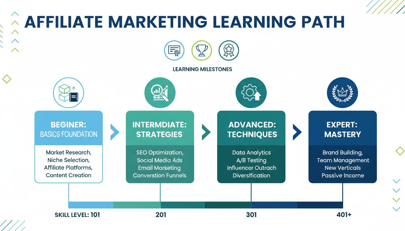 Progressão de aprendizado em marketing de afiliados do iniciante ao avançado com jornada passo a passo mostrando fundamentos básicos, estratégias intermediárias, técnicas avançadas e domínio especializado