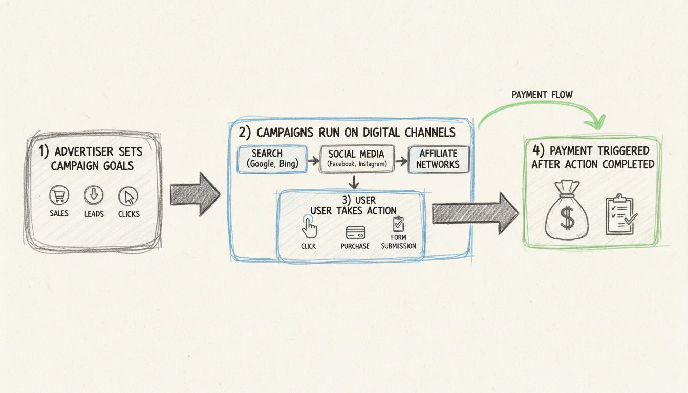 Diagrama do fluxo de trabalho do marketing baseado em performance mostrando metas da campanha, canais digitais, ações do usuário e gatilhos de pagamento