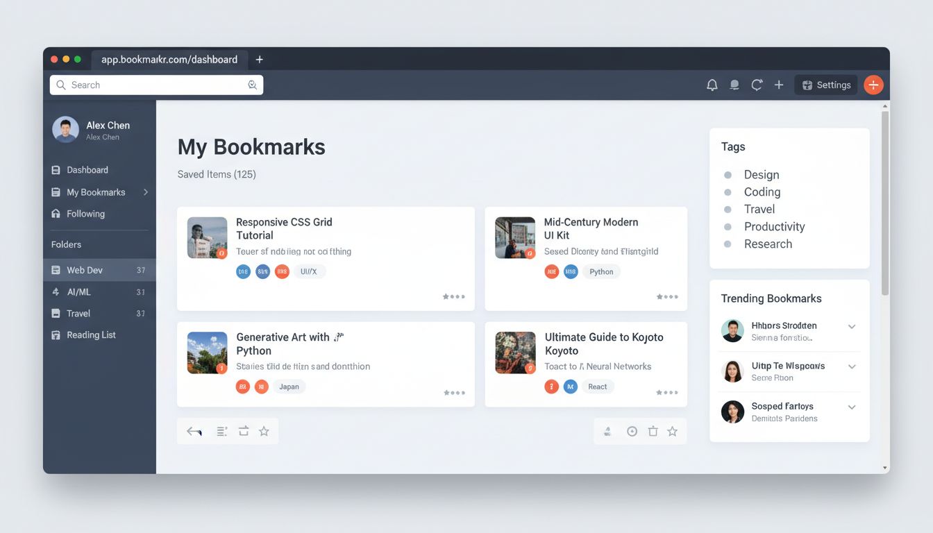Interface de plataforma de bookmarking social mostrando favoritos organizados com tags e opções de compartilhamento