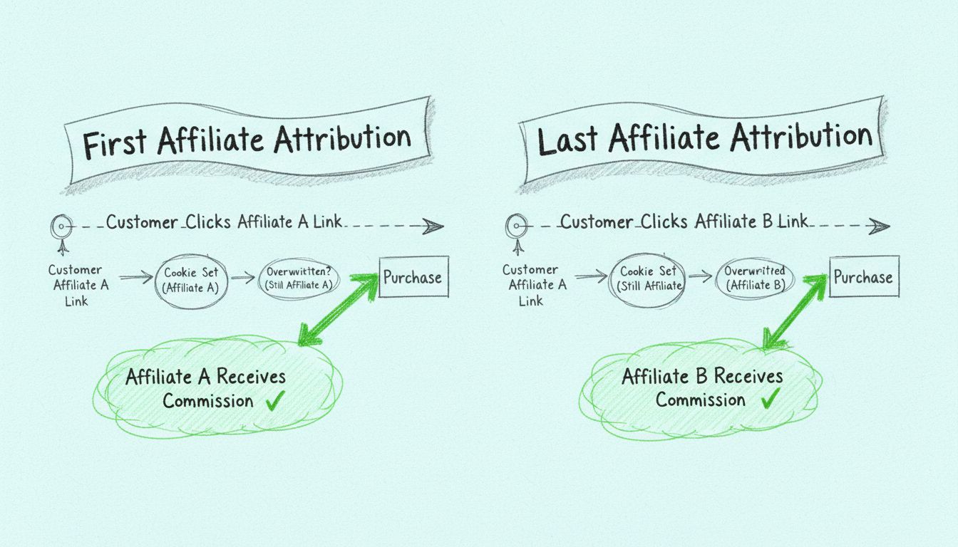 Diagrama comparativo de atribuição de afiliados mostrando os modelos de atribuição do primeiro e do último clique com rastreamento de cookies