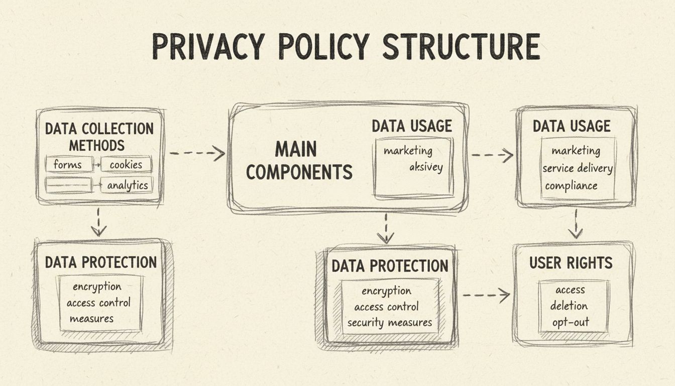 Diagrama da estrutura da política de privacidade mostrando métodos de coleta de dados, uso, proteção e direitos do usuário