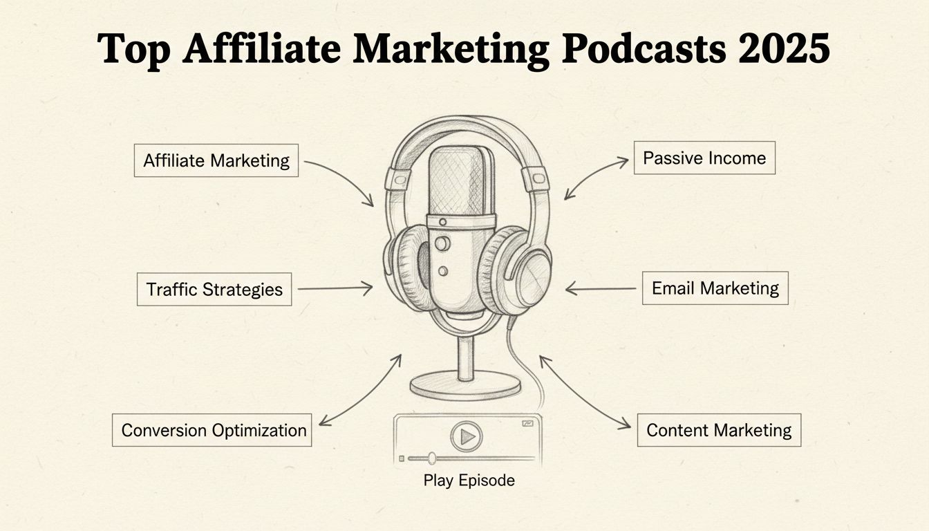 Diagrama desenhado à mão de microfone de podcast com tópicos de marketing de afiliados