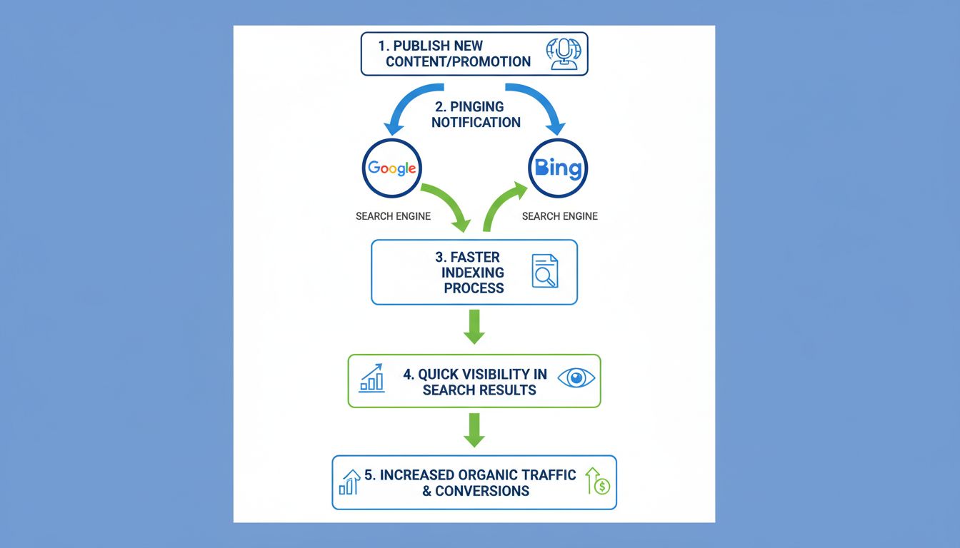Infográfico mostrando como o pinging beneficia afiliados, desde a publicação do conteúdo até a notificação do buscador, indexação rápida e aumento de conversões