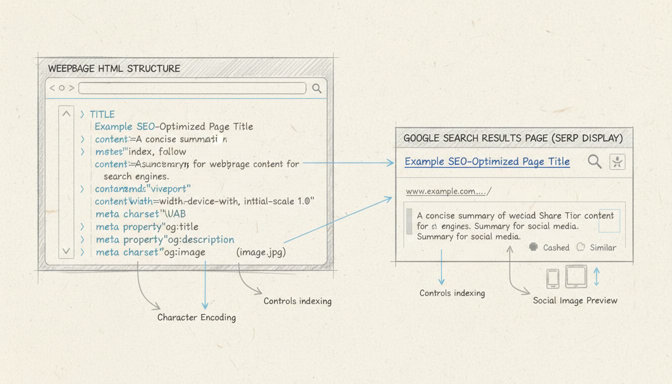 Diagrama à mão mostrando a estrutura das meta tags HTML e como elas se conectam à exibição nos resultados dos mecanismos de busca