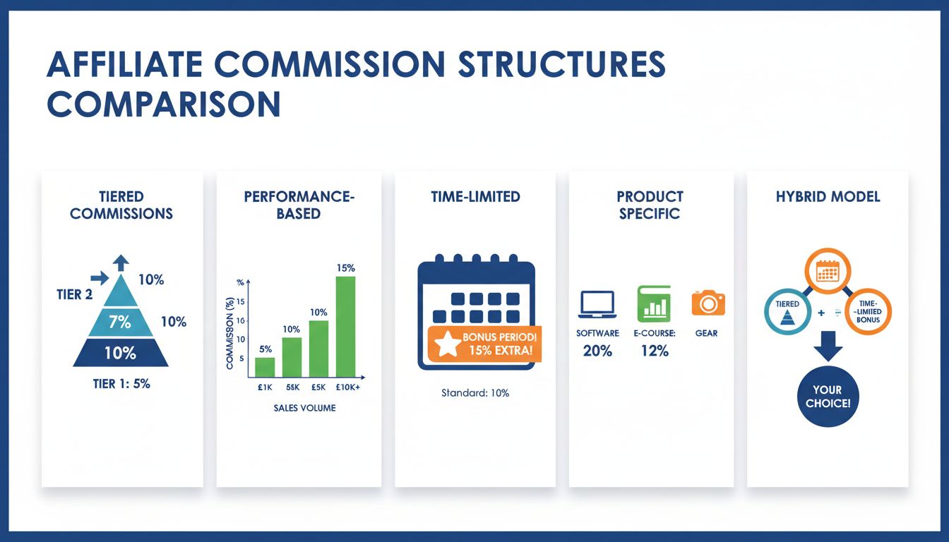Comparação de estruturas de comissão de afiliados mostrando modelos escalonados, baseados em desempenho, limitados por tempo, específicos por produto e híbridos com percentuais e representações visuais