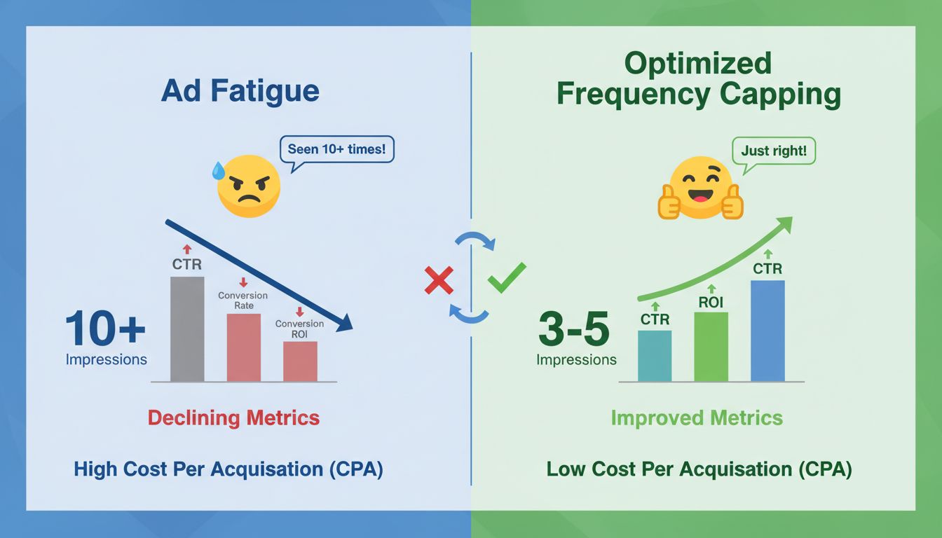 Comparação de Frequency Capping: Fadiga de Anúncios vs Frequency Capping Otimizado mostrando melhora nas métricas