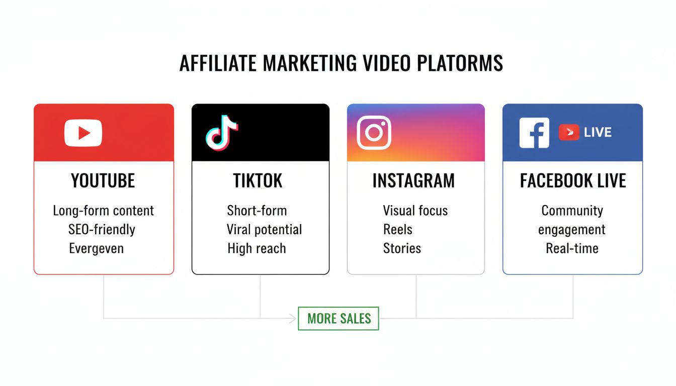 Comparação das plataformas YouTube, TikTok, Instagram e Facebook Live para vídeos de marketing de afiliados