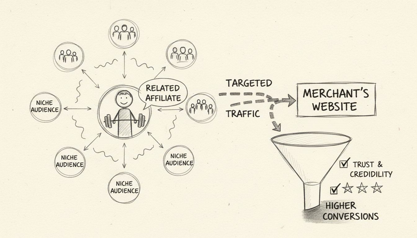Diagrama desenhado à mão mostrando afiliados relacionados direcionando tráfego segmentado por meio de audiências de nicho para sites de lojistas com maiores taxas de conversão e indicadores de confiança