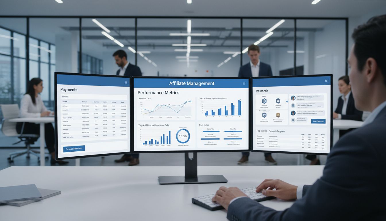 Painel profissional de gestor de afiliados mostrando métricas de desempenho, pagamentos, ferramentas de comunicação e sistemas de recompensa