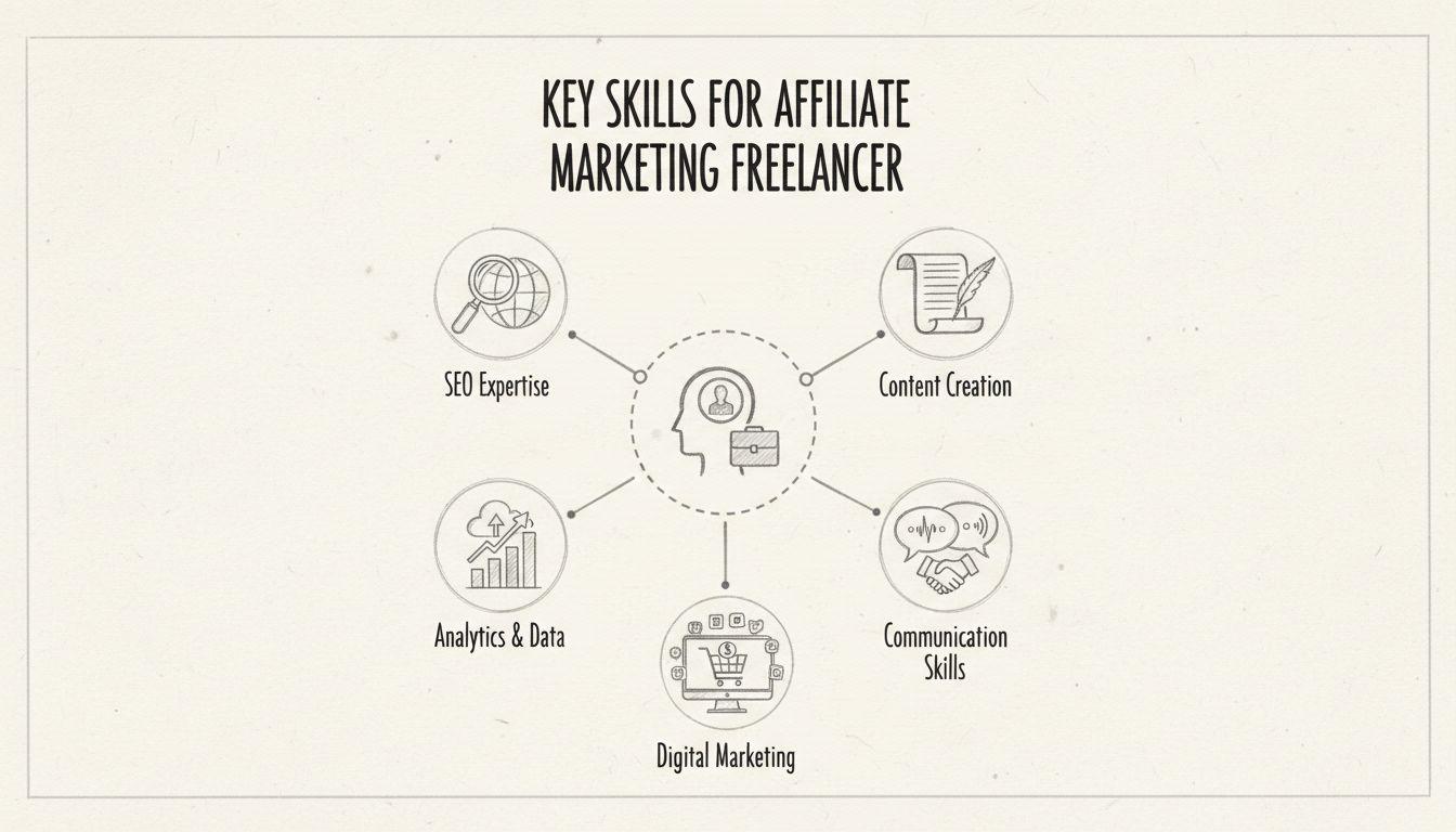 Infográfico mostrando as principais habilidades para freelancer de marketing de afiliados, incluindo expertise em SEO, criação de conteúdo, análise de dados, habilidades de comunicação e marketing digital
