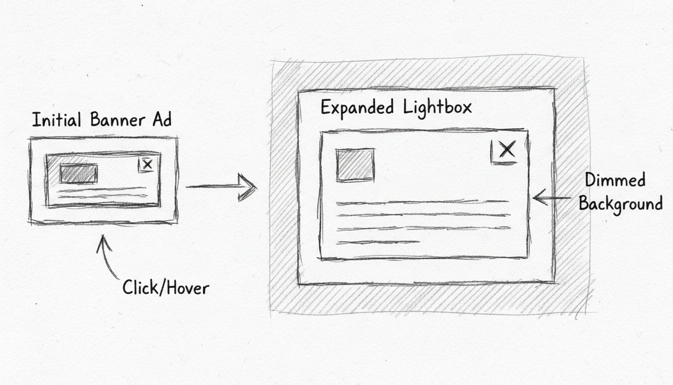 Diagrama desenhado à mão mostrando como banners lightbox se expandem de um anúncio pequeno para uma sobreposição em tela cheia com fundo escurecido