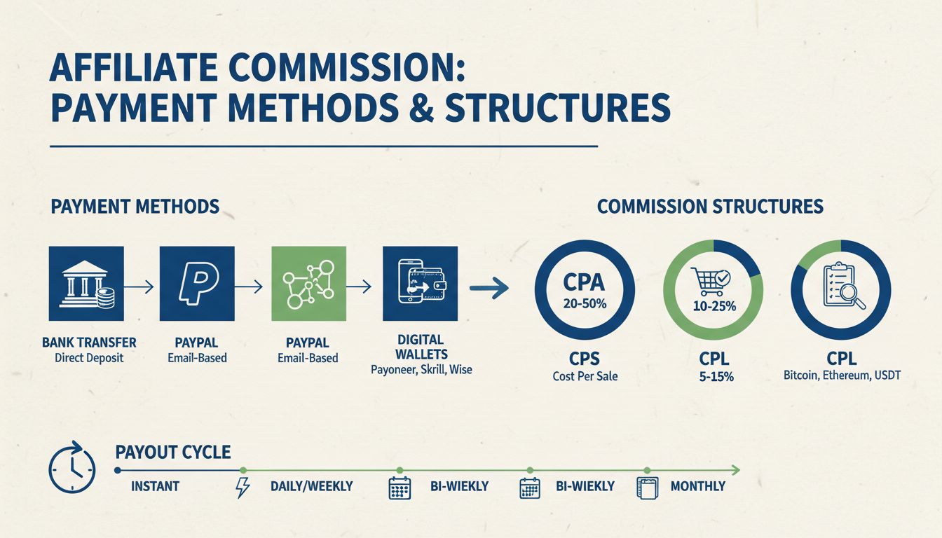 Infográfico sobre métodos de pagamento e estruturas de comissão de afiliados mostrando modelos CPA, CPS, CPL e várias opções de saque