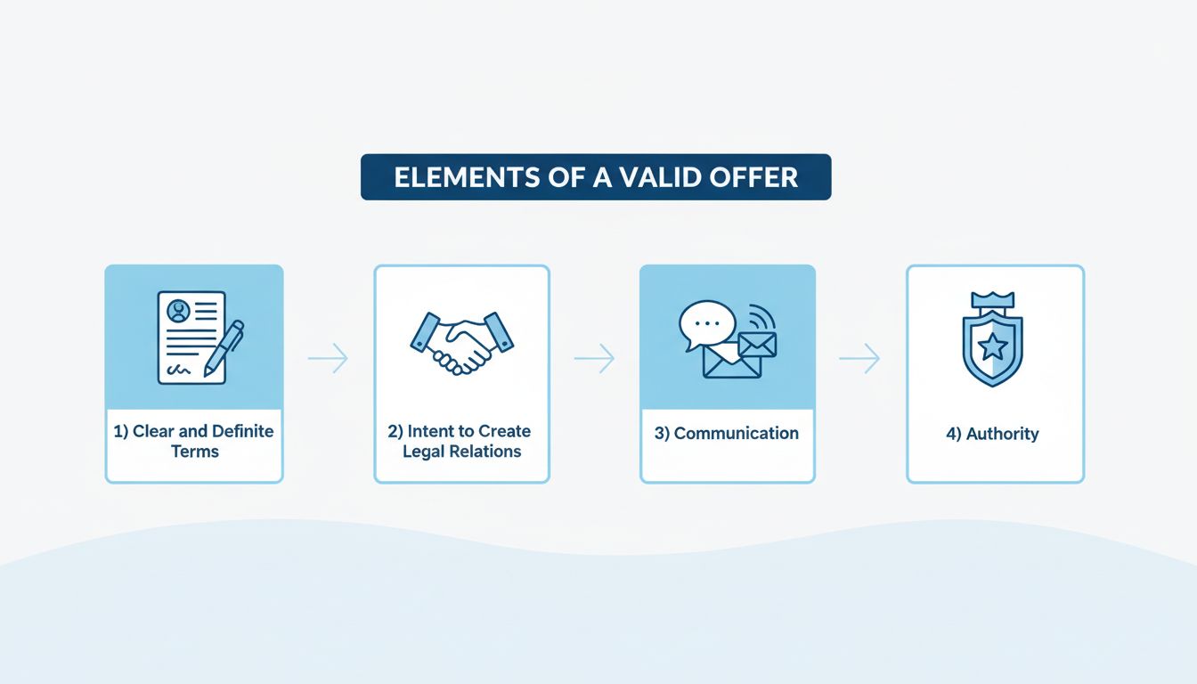 Elementos de uma oferta válida no direito contratual mostrando termos claros, intenção, comunicação e autoridade