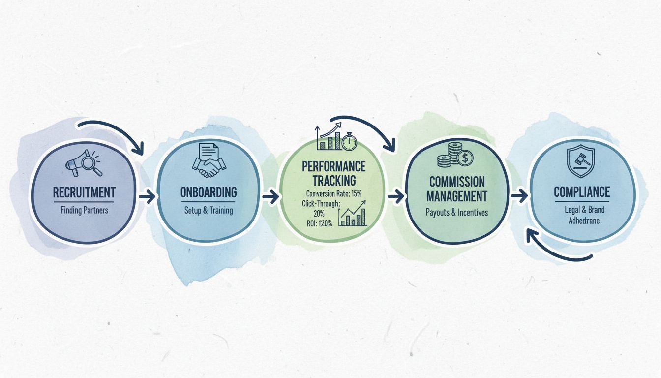 Fluxo de trabalho da gestão de programa de afiliados mostrando recrutamento, integração, rastreamento de performance, gestão de comissão e etapas de conformidade