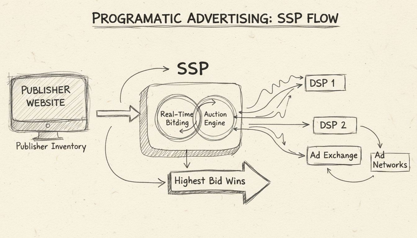 Diagrama desenhado à mão mostrando a arquitetura da SSP com inventário do publisher, motor de leilão em tempo real e múltiplas fontes de demanda competindo por espaços publicitários