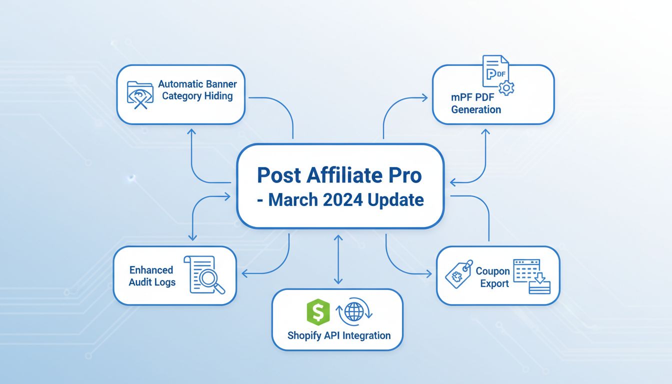 Diagrama técnico mostrando os recursos da atualização de março de 2024 do Post Affiliate Pro, incluindo ocultação de banners, geração com mPDF, logs de auditoria, exportação de cupons e integração com a API Shopify em módulos interconectados