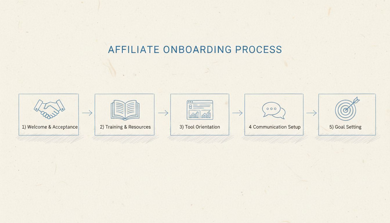 Diagrama do fluxo do processo de onboarding de afiliados mostrando 5 etapas: Boas-vindas & Aceitação, Treinamento & Recursos, Orientação de Ferramentas, Configuração de Comunicação e Definição de Metas