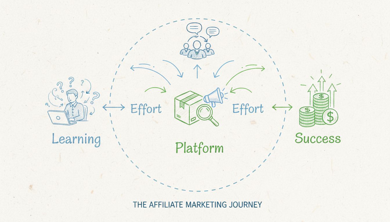 Diagrama desenhado à mão mostrando a jornada do afiliado com símbolos de aprendizado, plataforma, esforço e sucesso