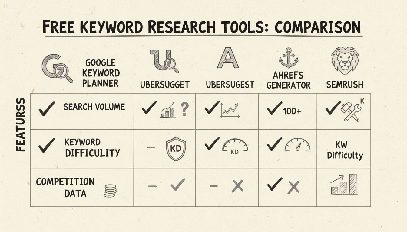 Diagrama comparativo de ferramentas gratuitas de pesquisa de palavras-chave mostrando recursos e métricas do Google Keyword Planner, Ubersuggest, Ahrefs e Semrush
