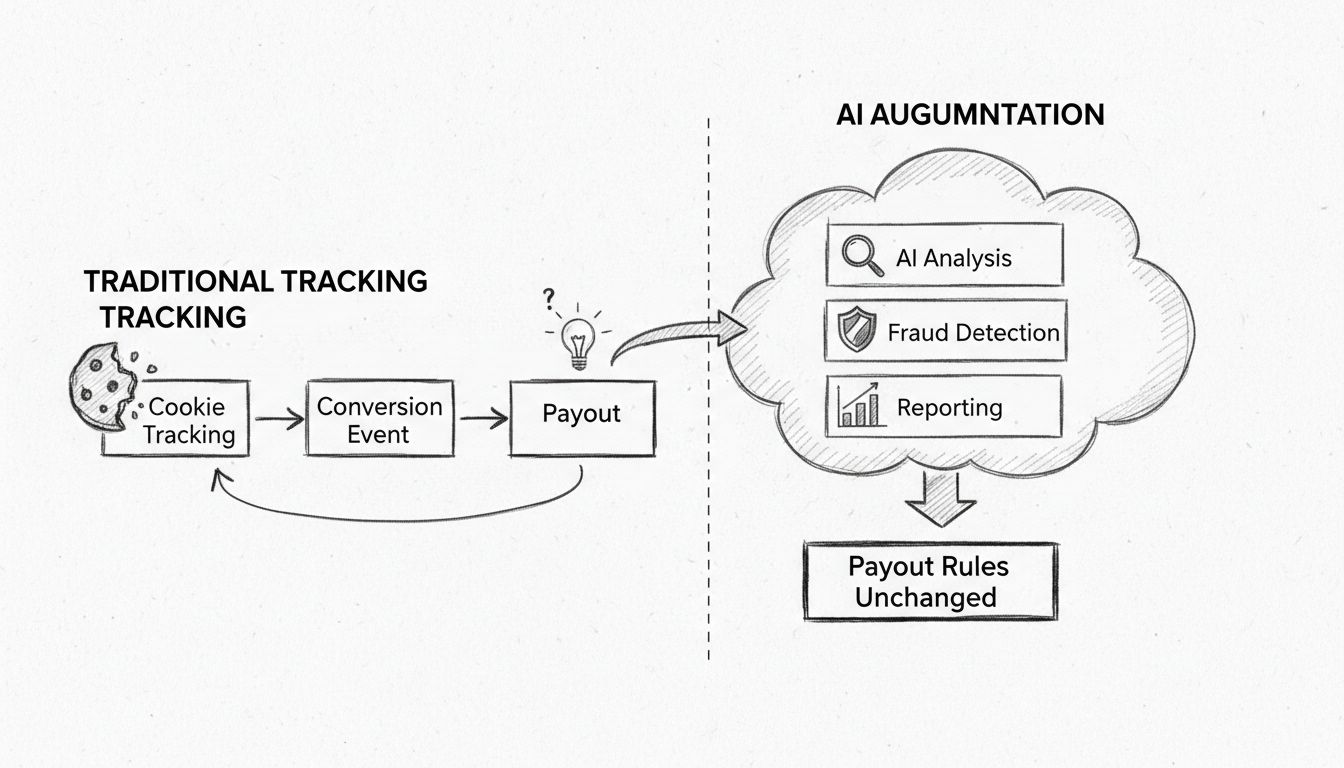 AI augmenting affiliate tracking workflow diagram showing traditional tracking enhanced with AI analysis layer