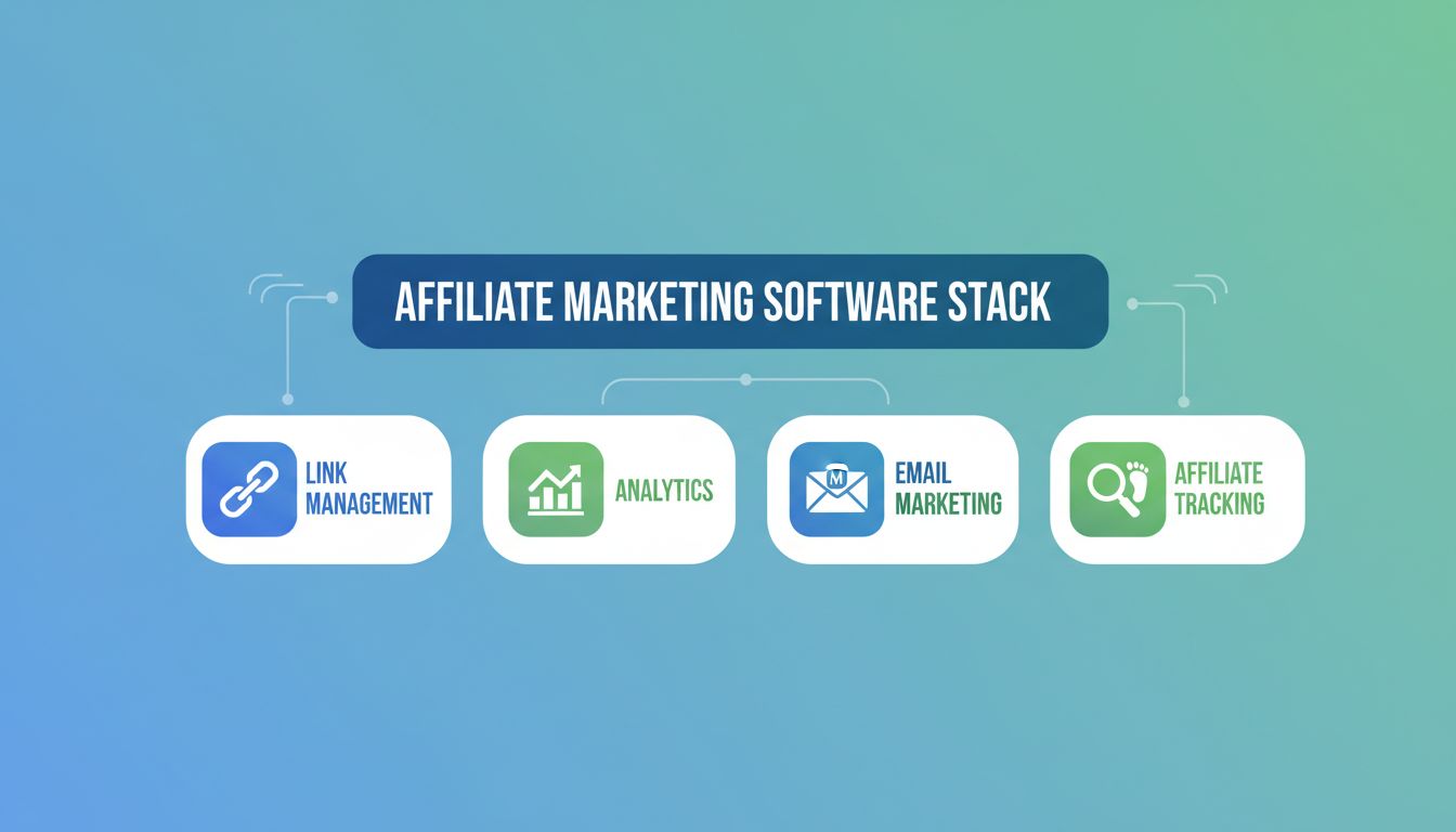 Infográfico de stack de software de marketing de afiliados mostrando ferramentas de gerenciamento de links, analytics, email marketing e rastreamento de afiliados