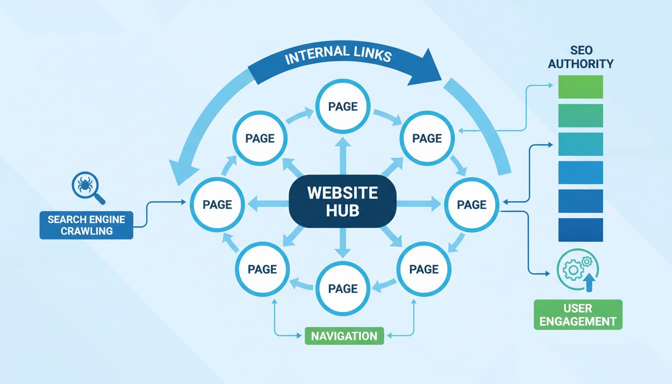 Diagrama da estrutura de links de um site mostrando links internos, navegação, autoridade de SEO, engajamento do usuário e rastreamento dos mecanismos de busca