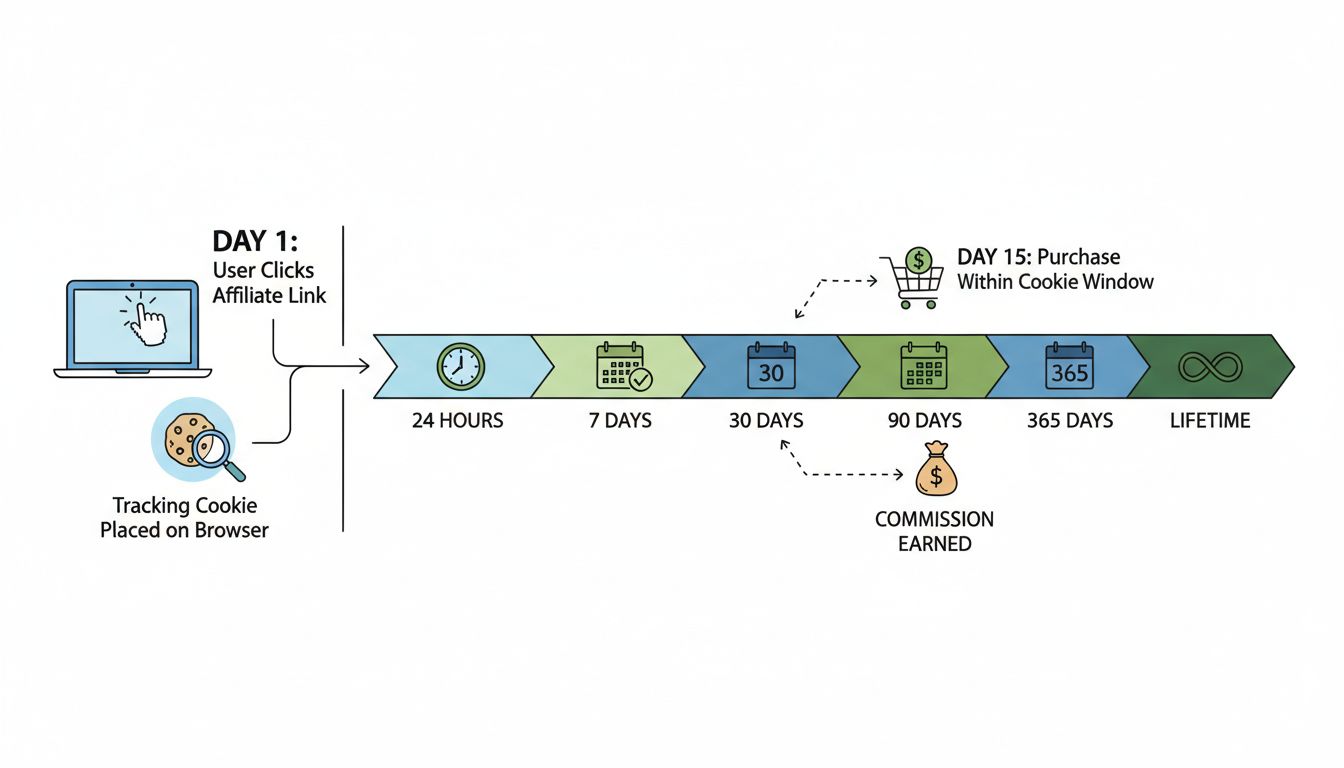 Infográfico de linha do tempo da duração de cookie mostrando o rastreamento de afiliados do clique até a compra dentro de diferentes janelas de duração de cookie