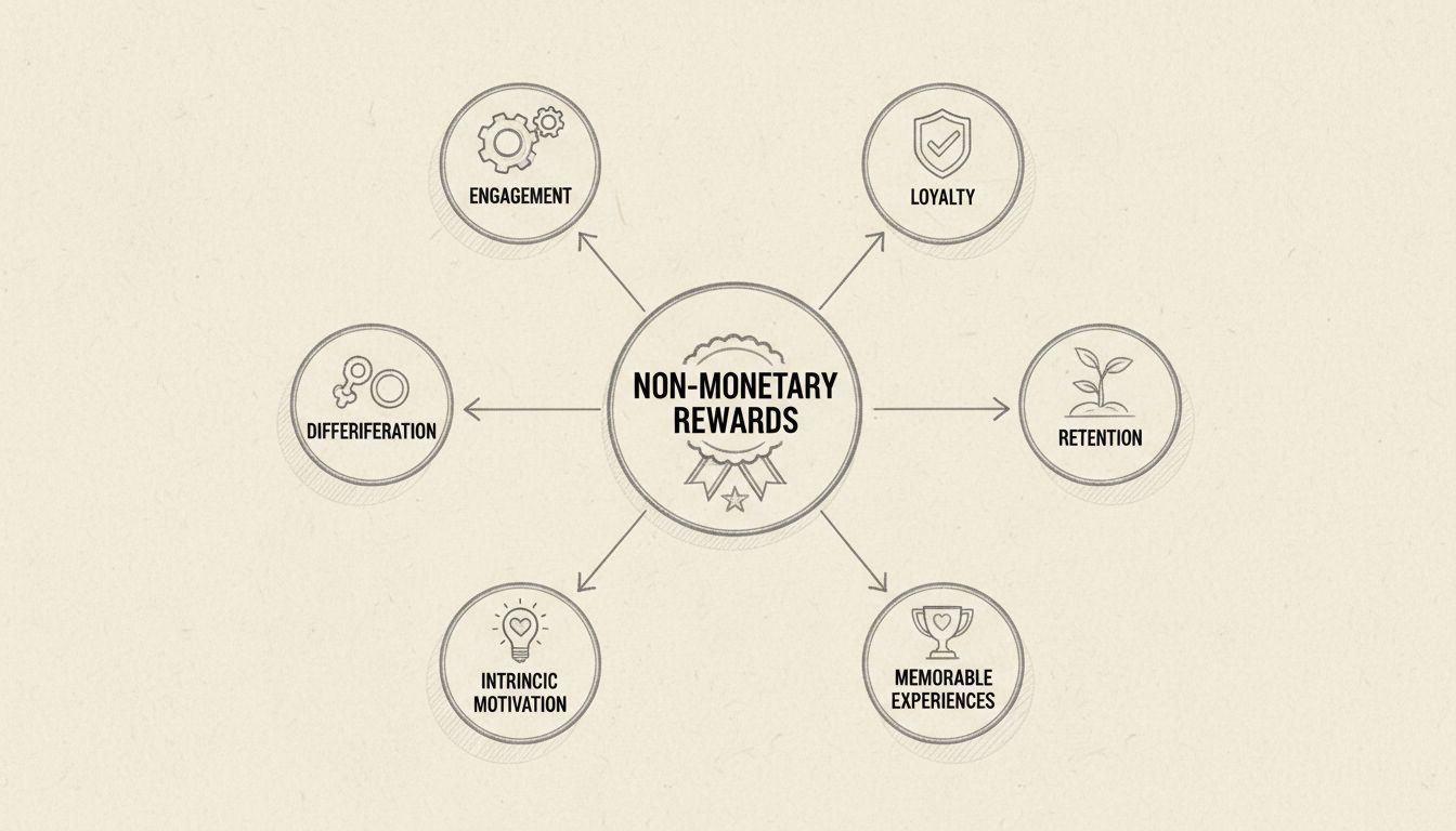 Diagrama desenhado à mão mostrando benefícios de recompensas não monetárias incluindo lealdade, engajamento, retenção, diferenciação, experiências memoráveis e motivação intrínseca