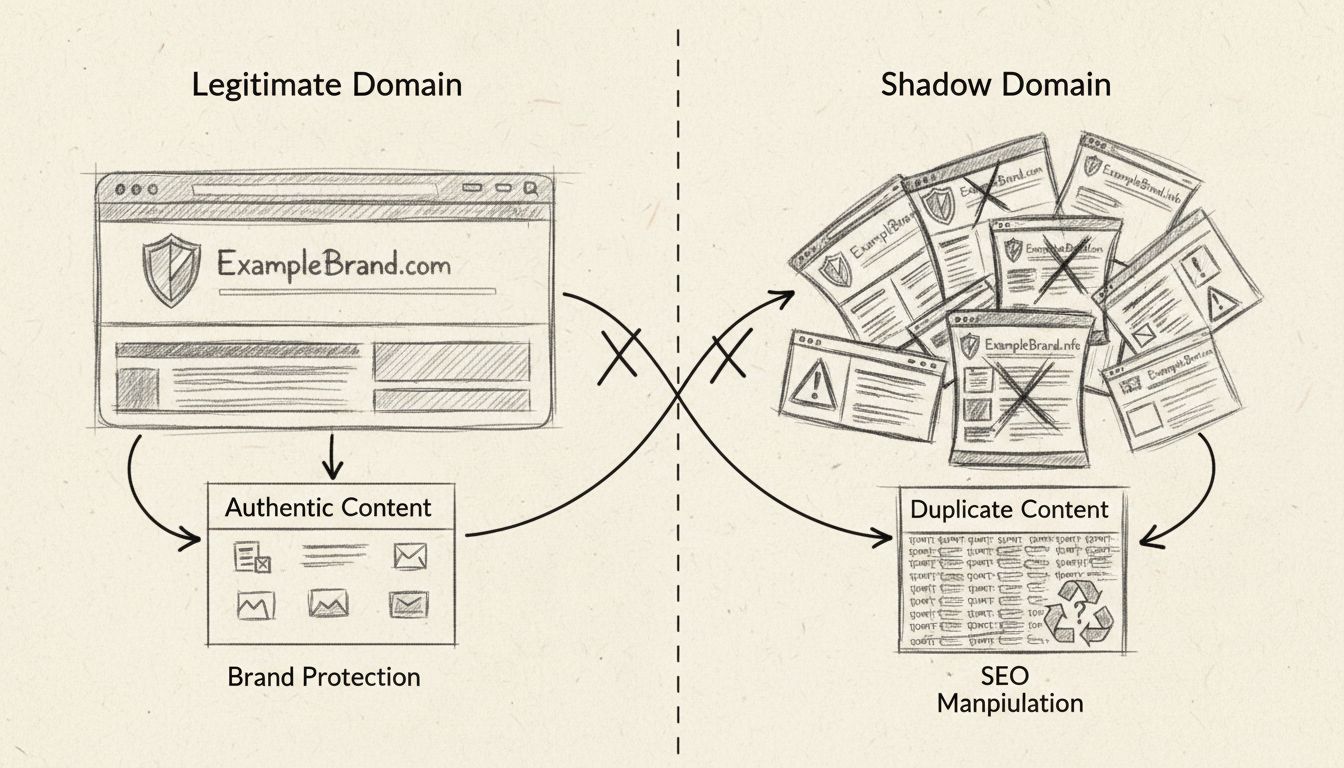 Diagrama desenhado à mão comparando domínios legítimos com domínios shadow, mostrando diferenças em branding, autenticidade de conteúdo e práticas de SEO