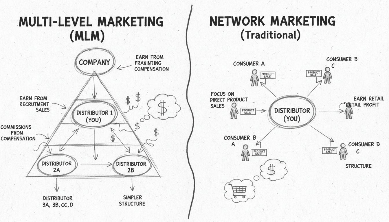Diagrama desenhado à mão comparando estruturas de MLM e Marketing de Rede com fluxo de comissão e níveis de distribuidores