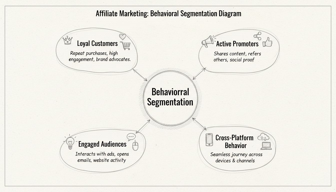 Diagrama desenhado à mão mostrando ramificações da segmentação comportamental: Clientes Leais, Promotores Ativos, Audiências Engajadas e Comportamento Multiplataforma
