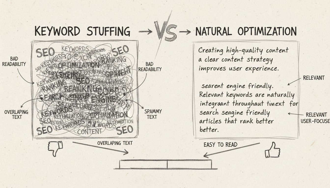 Diagrama comparativo mostrando keyword stuffing vs otimização natural de palavras-chave com anotações em estilo lápis à mão