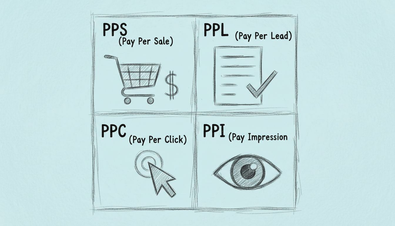 Diagrama comparativo de modelos de pagamento de afiliados mostrando PPS, PPL, PPC e PPI