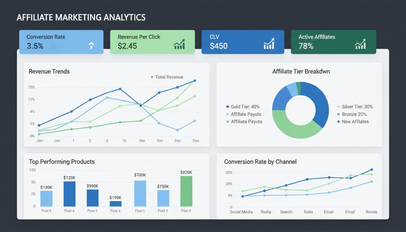 Painel de KPIs de marketing de afiliados mostrando taxa de conversão, receita por clique, valor do tempo de vida do cliente e métricas de afiliados ativos