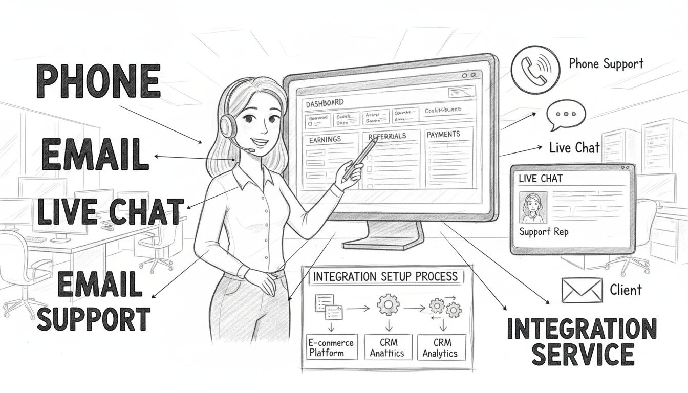 Equipe de suporte ao cliente oferecendo assistência na configuração, ilustrando canais de telefone, e-mail, chat ao vivo e serviço de integração