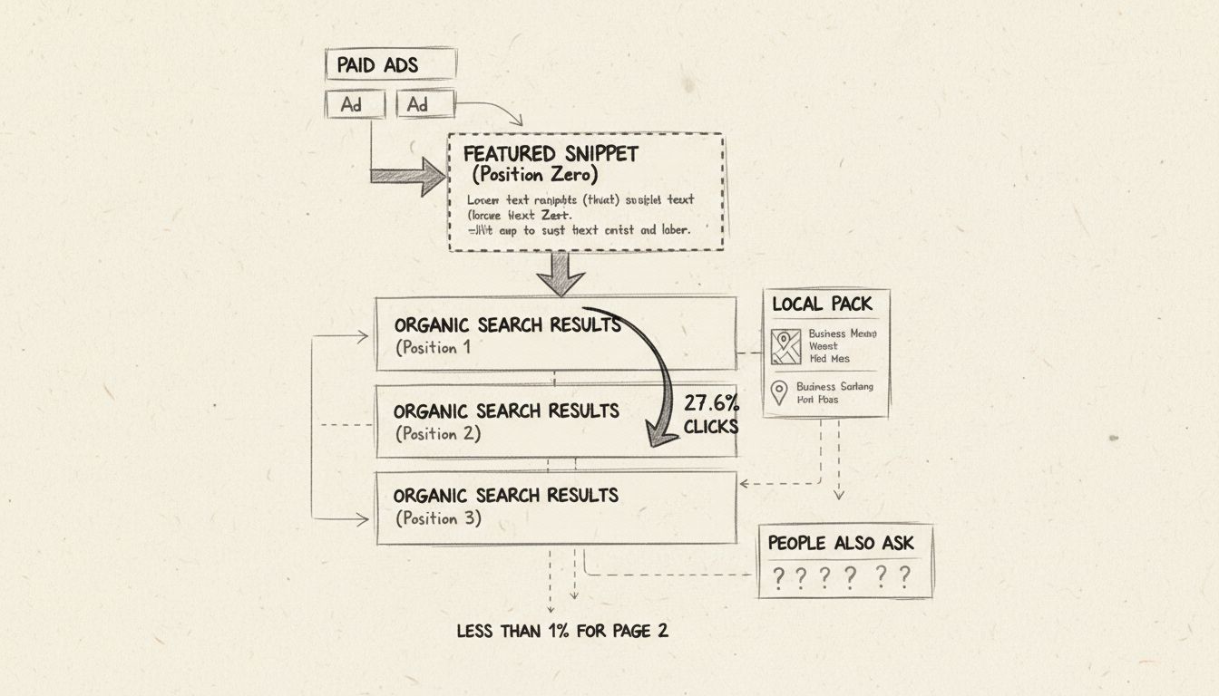 Diagrama do layout do SERP mostrando anúncios pagos, trechos em destaque, resultados orgânicos e distribuição de tráfego