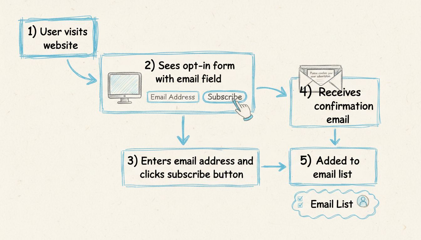 Diagrama do fluxo de opt-in de e-mail mostrando 5 etapas do acesso ao site à assinatura na lista de e-mails