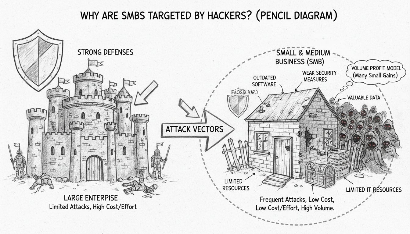 Diagrama desenhado à mão mostrando por que PMEs são alvo de hackers, comparando fortaleza empresarial com defesas fracas das PMEs, incluindo elementos como recursos de TI limitados, softwares desatualizados, medidas de segurança fracas, dados valiosos, pontos de entrada fáceis e modelo de lucro em volume